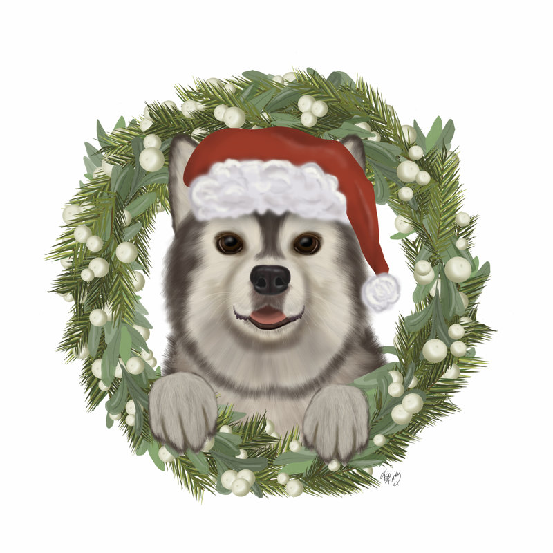 Christmas Des Husky Wreath by Fab Funky - Wrapped Canvas Print, 76cm H x 76cm W