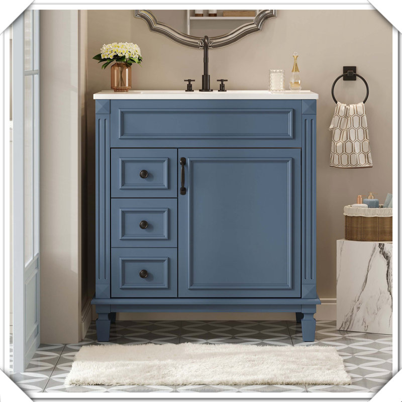Tablette de meuble-lavabo moderne avec tiroirs en céramique, Bleu