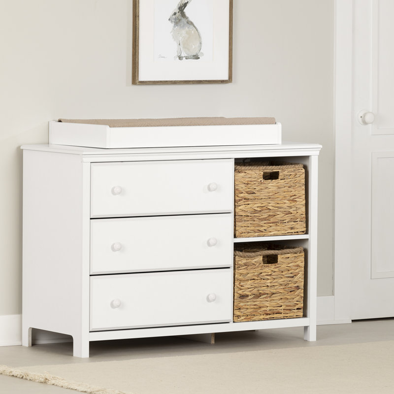 White Changing Table Dresser with Wicker Baskets