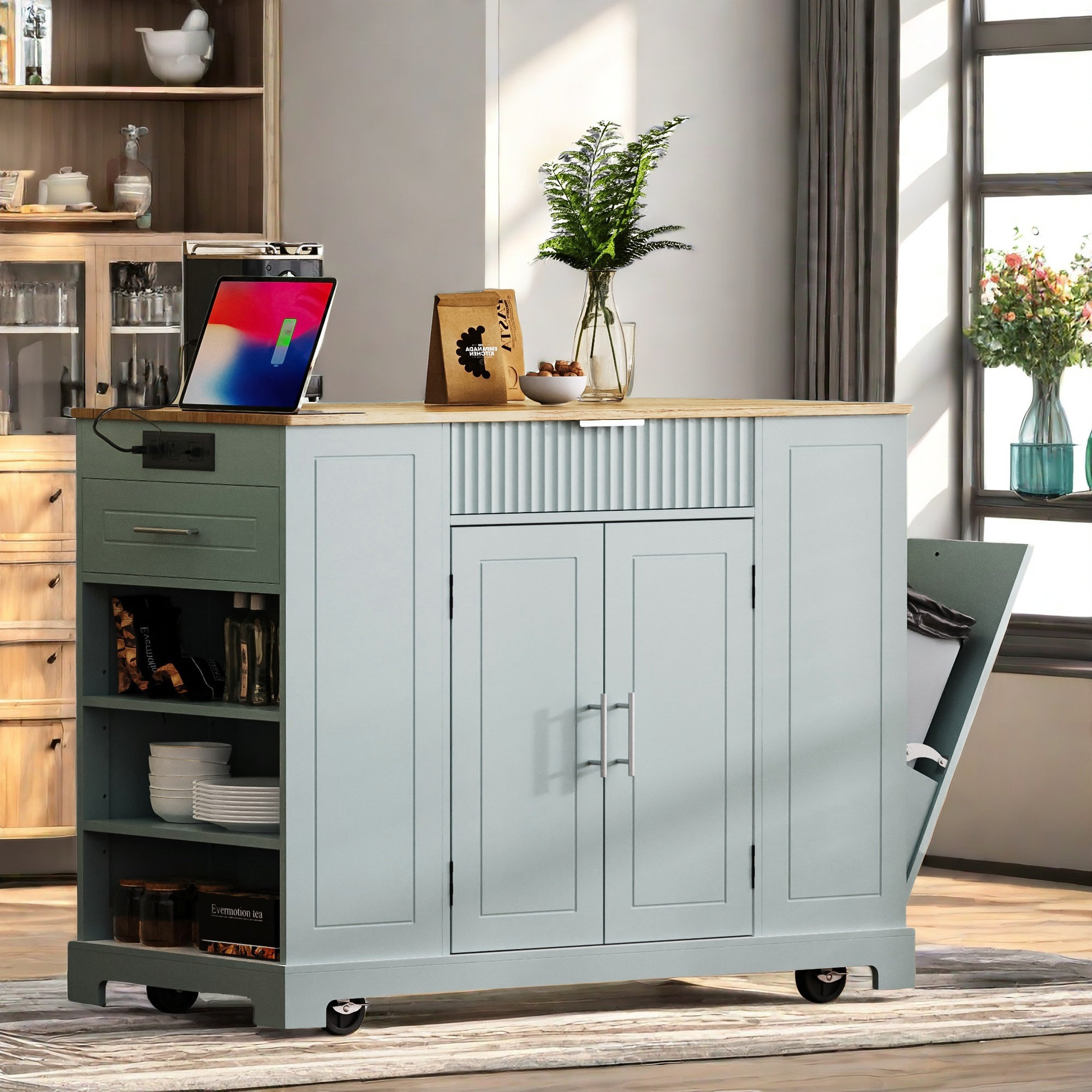 Lark Manor™ Fluted Kitchen Island With Tilt-out Trash Can, Power Outlet ...