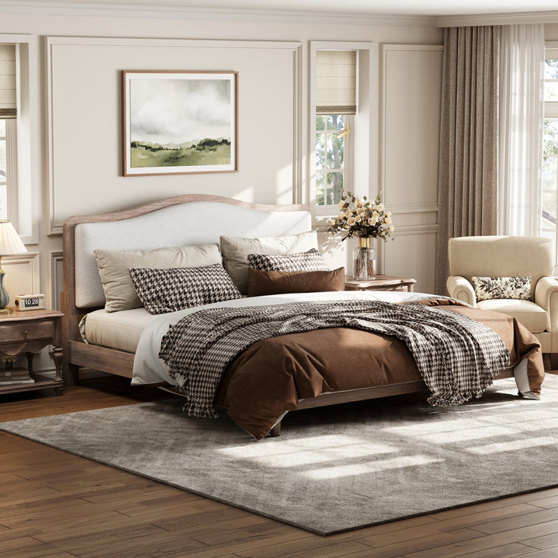 Grand lit plateforme en bois massif avec tête de lit tapissier, sans sommier, cadre gris et tissu blanc, Grand lit, Gris