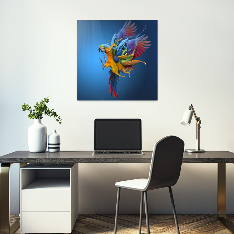 «Vibrant Parrot Splash», art abstrait tropical coloré, H 18 po x l 18 po