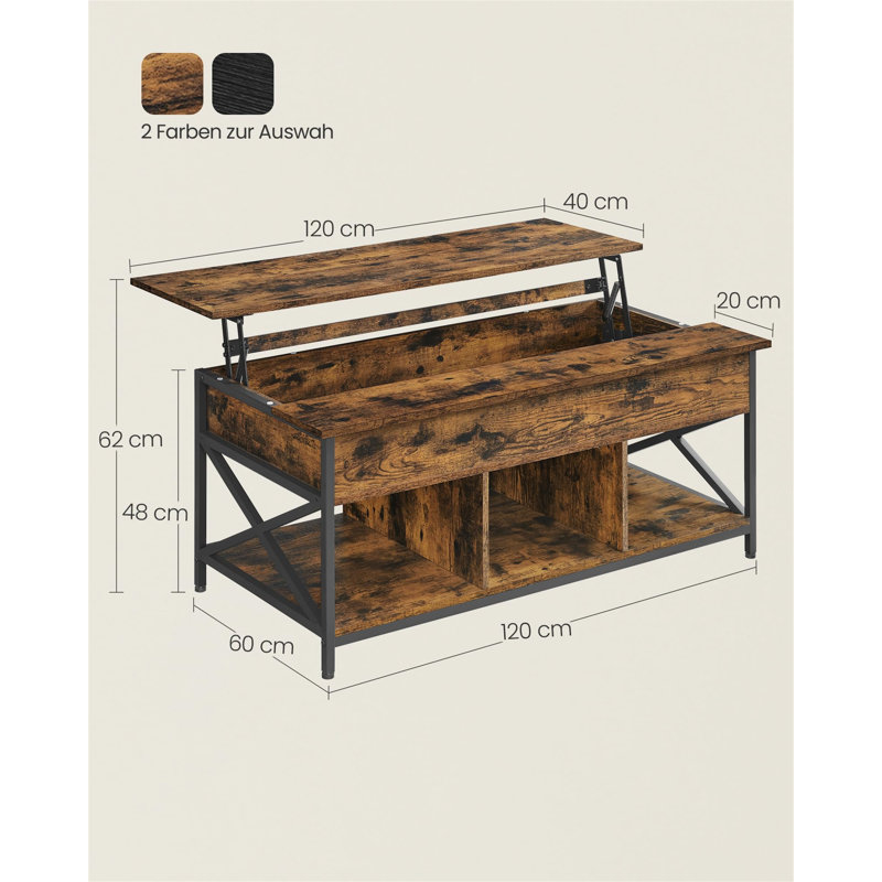 Winigan Lift Top Coffee Table with Storage, Vintage brown, 62cm H x 120cm L x 60cm W