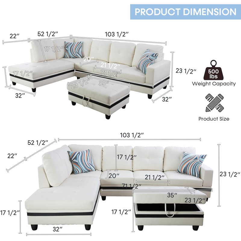 Erville Faux Leather L-Shaped Sectional, Right Hand Facing