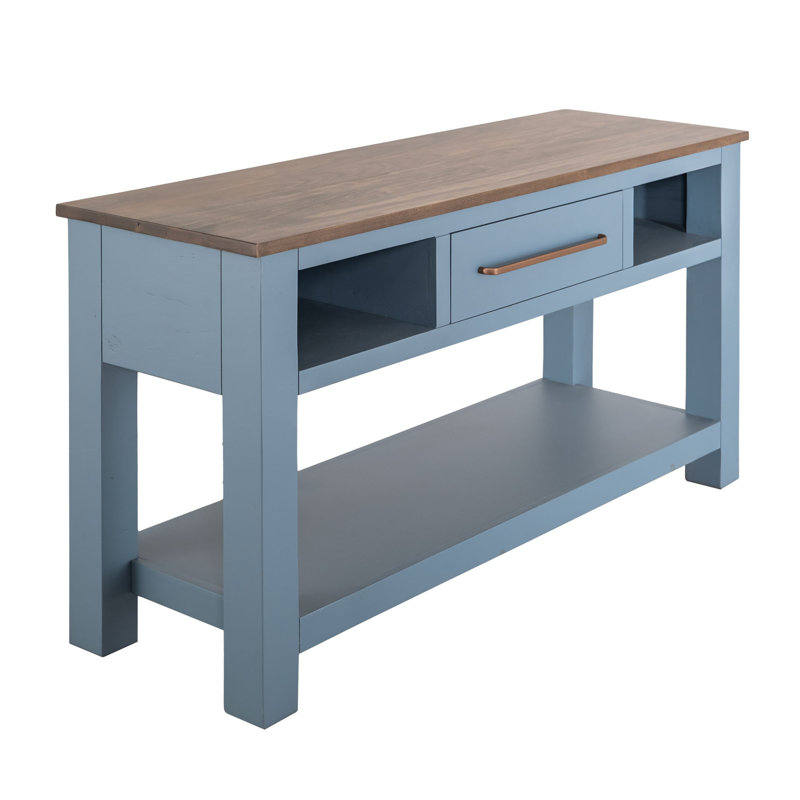Console Irra, 3 tablettes, bleu ardoise, bois brun, 62 pouces