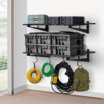 Heavy Duty Wall Mounted Storage Rack, Industrial Strength Storage Capacity Metal Shelving Unit with Hooks, Floating Shelves for Garage/Utility Room.