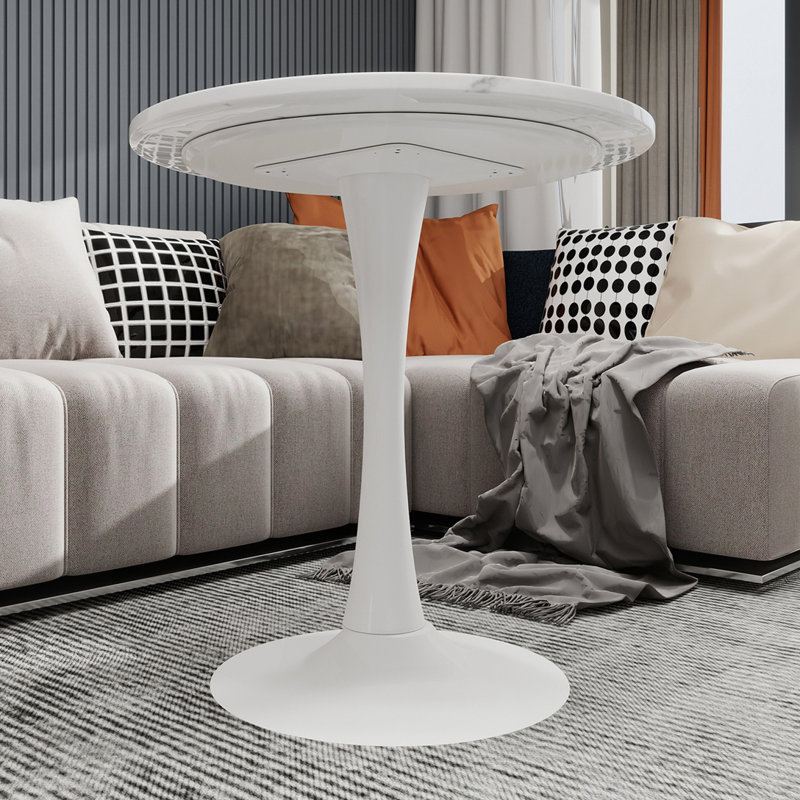 Table basse 27,6 "à effet marbre avec plateau veiné blanc et base piédestal blanche, White/White