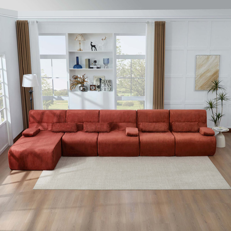 Canapé modulaire ergonomique modulaire avec velours côtelé, Red Corduroy, 32.4" H x 161.8" W x 65.3" D, Left Hand Facing