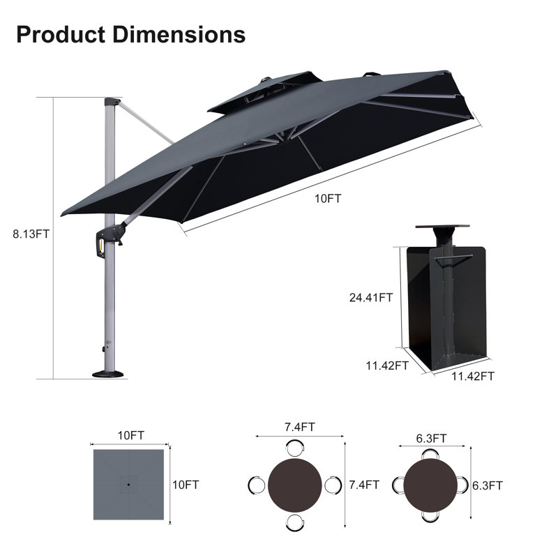 10' Square Cantilever Umbrella With Base In Ground, Gray
