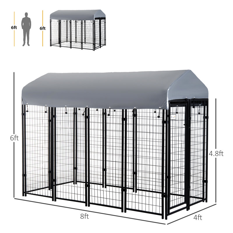 Chenil d'extérieur pour chien 8 'x 4' 6 '- accès verrouillable, auvent d'eau, pour parc de chien moyen / grand avec porte et dessus moyen grand