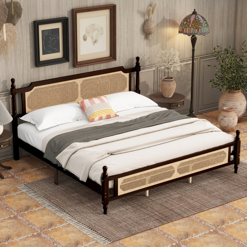 Lit en bois de pin avec tête de lit tapissier et pied de lit à panneau,, Très grand lit, Espresso