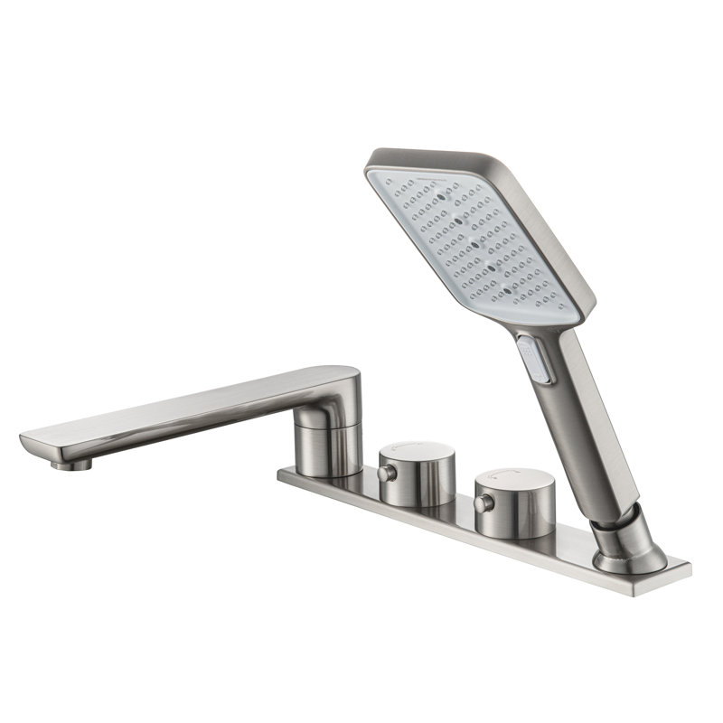 Widespread Deck Mount Roman Tub Faucet With Hand Shower, Two-Handle 4-Holes Bathtub Shower Faucet Set, Brushed Nickel