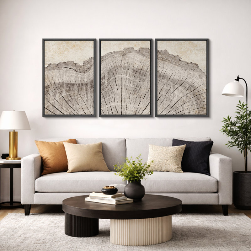 Anneau d'arbre «Œuvre de souche en bois de chêne rustique, décor de cabane de ferme, photos murales neutres, 3 pièces encadrées sur toile, impression numérique sur giclée»