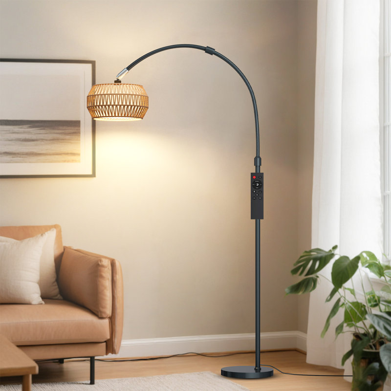 Arc Bohemian Floor Lamp with Rattan Shade, Smart Dimmable Lighting & Remote Control