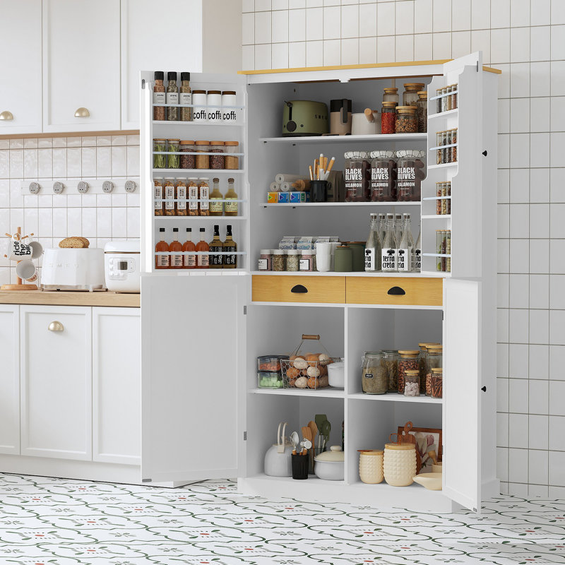 Grande armoire de rangement autoportante avec 2 tiroirs, 2 tablettes réglables et 8 portes, Blanc