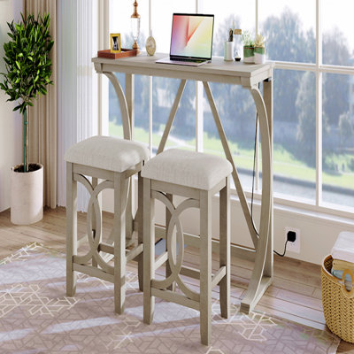 3-Piece Farmhouse Counter Height Dining Set: Table & Upholstered Stools, USB Port