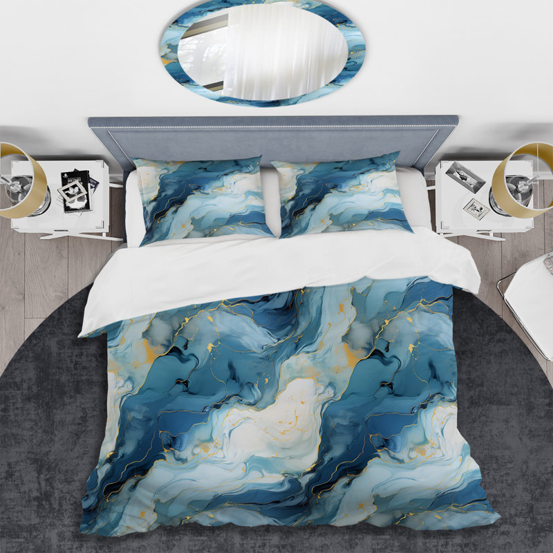Literie en marbre zen bleu et blanc I, Housse de couette simple + 1 taie décorative stan