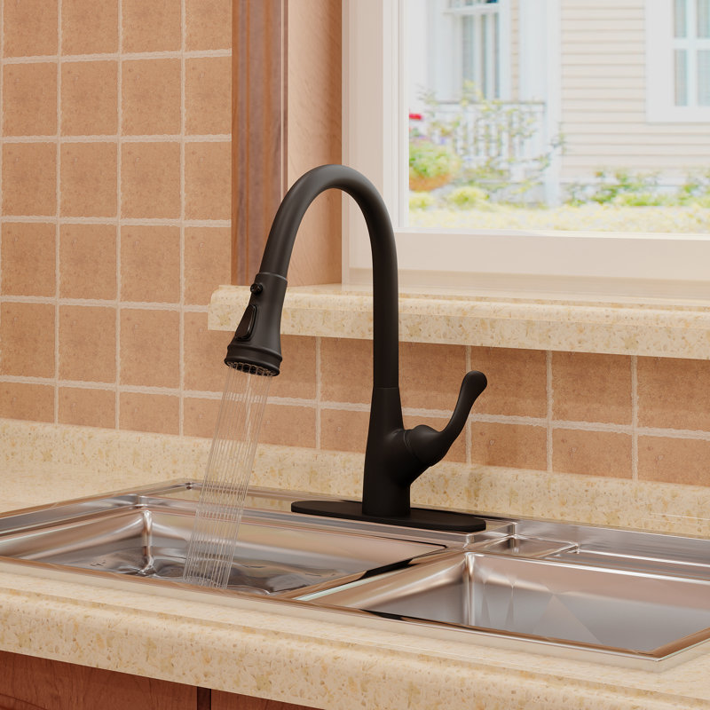 Robinet de cuisine rétractable à poignée simple avec distributeur de savon, Noir mat
