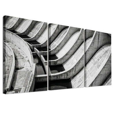 Déversoir en béton courbé, ensemble de 3 toiles murales en noir et blanc