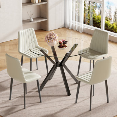 35.4-Inch Round Glass Dining Table Set With PU Chairs