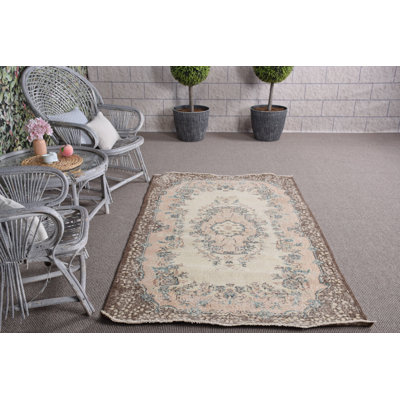 Tapis turc rétro Oushak à motif floral brun pour la cuisine et le salon