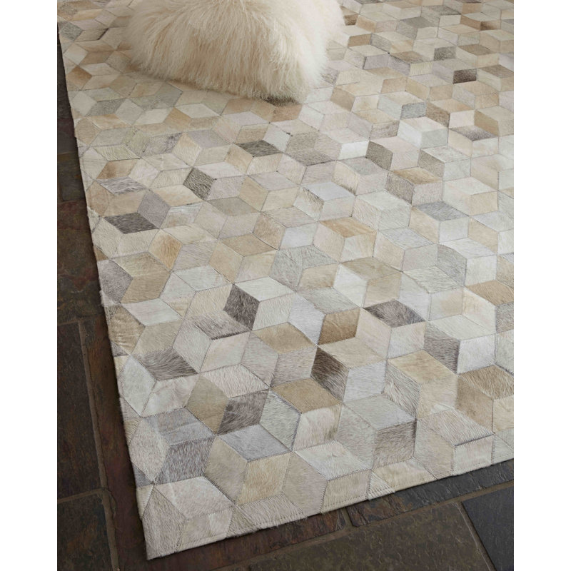 Natural Hide Cowhide Geometric Area Rug in Silver, Rectangle 11'6" x 14'6"