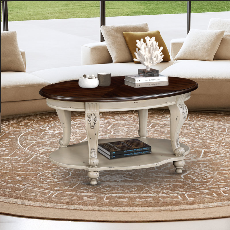 Table basse ovale en bois 42 pouces, Blanc antique, Brun foncé