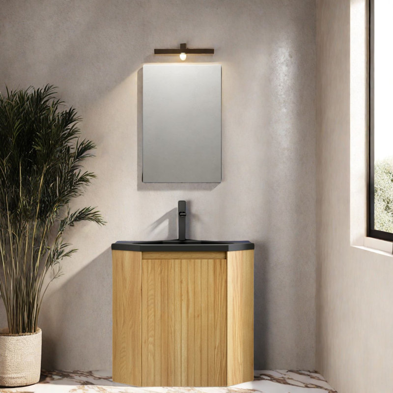 Meuble-lavabo moderne à faible encombrement, lavabo en résine, grain de bois noir, utilisation en coin