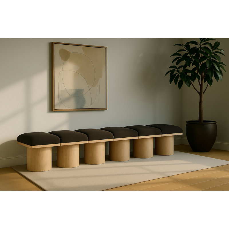 Banc rembourré Horatia, Tissu brun bouclé, Naturel, H 17,5 po x l 93 po x P 18 po