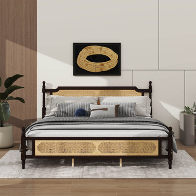 King-Size Wooden Bed Frame With Rattan Headboard And Footboard Decor