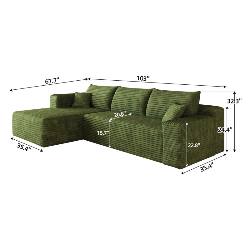 Canapé d'angle Cloud de 262 cm, canapé en L moderne et minimaliste avec revêtement en velours côtelé moelleux, Green Corduroy