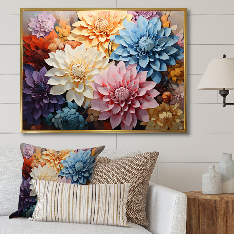 «Mums Autumn Hues Patchwork», reproduction d'art sur toile, H 16 po x l 32 po x P 1 po, Cadre flottant doré