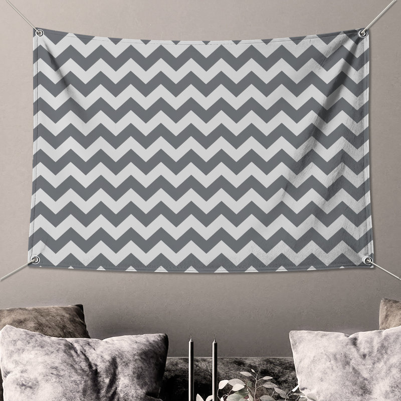 Gray White Chevron Wall Tapestry - Chevron Wall Decor, 104in H x88 with 4 Grommets