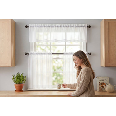 Ensemble de 3 rideaux blancs de style ferme pour cuisine, avec vantaux et tringles - Rideaux à œillets filtrant la lumière