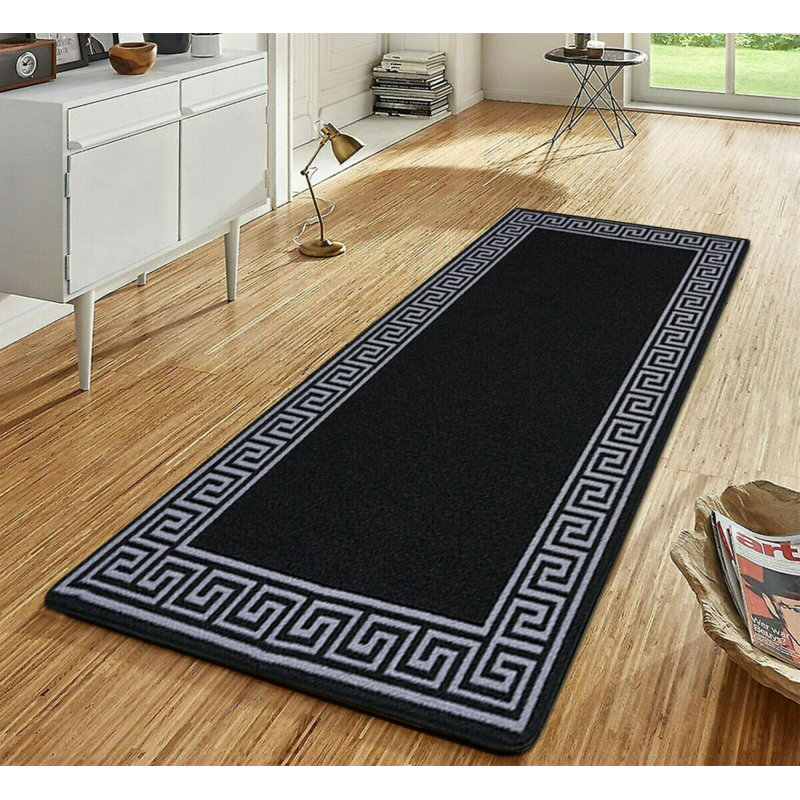 Greek-Key Black Grey Non-Slip Polypropylene Area Rug — Washable Door Mat & Hallway Runner for Living Room, Kitchen & Bedroom