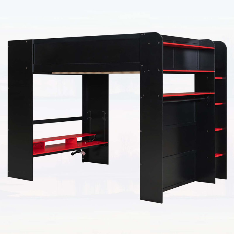 Lit double superposé en bois pleine grandeur avec bureau réglable, garde-robe, rangement spacieux et éclairage RVB pour les joueurs et les multitâches