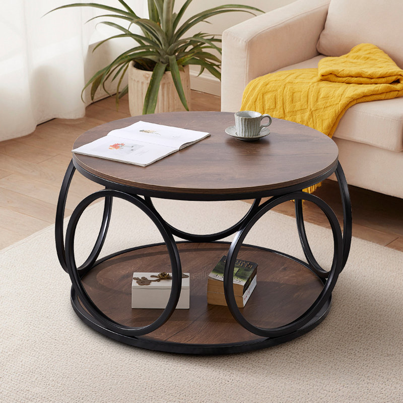 Carnforth 31.5" Round Coffee Table with 2-Tier Storage Shelves, Dark Brown Wood