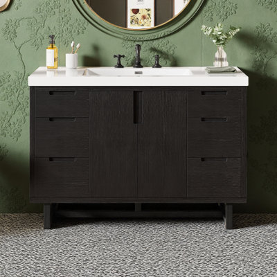Meuble-lavabo moderne de 47,2 po avec plateau en résine SMC, 2 portes à fermeture douce et 6 tiroirs, glissières cachées, tablette ajustable en forme de U, armoire de rangement compacte pour les salles de bain de taille moyenne et grande