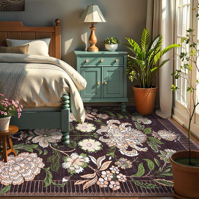 Tapis lavable rétro Vintage Boho Rugs, Noir, Rectangle 10 pi x 13 pi