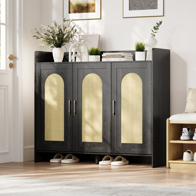 Shoe Cabinet Storage for Entryway, Rattan Storage Cabinet with 3 Doors, Wooden Farmhouse Boho Shoe Rack Organizer for Entrance Hallway Living Room Foyer
