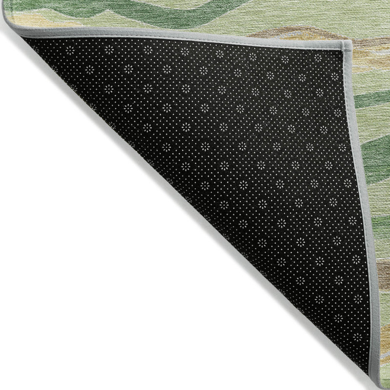 Green and Beige Synthetic Stripe Washable Indoor/Outdoor Rug