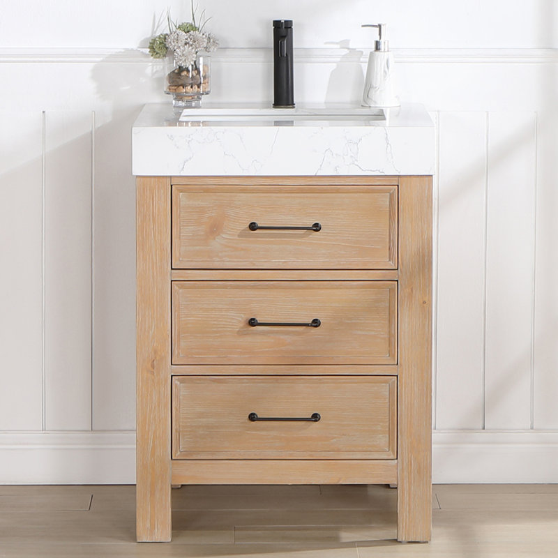 Leon 24'' Single Bathroom Vanity with Engineered Marble Top, White, Brown, Matte Black