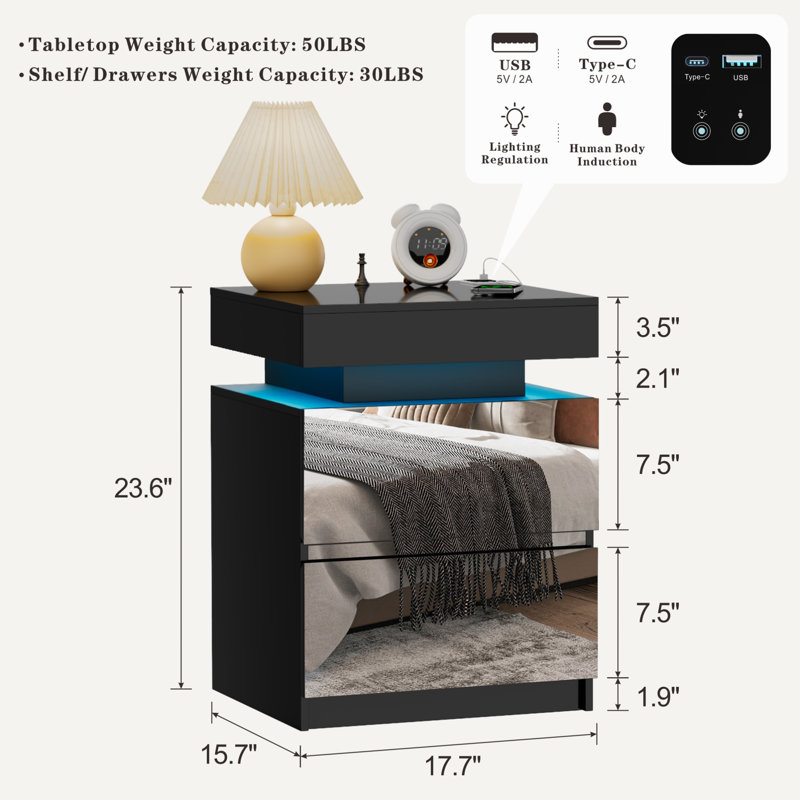 Ashten Modern Nightstand With 2 Mirrored Drawers And Motion Sensor, Black