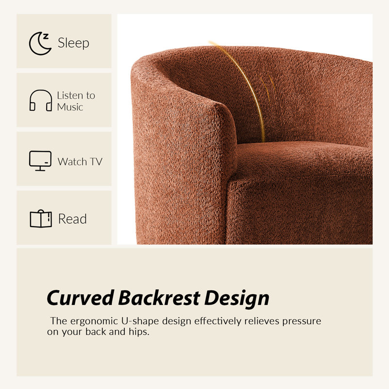 Maily Modern Boucle Chenille Swivel Barrel Armchair with Ergonomic Backrest and Solid Wood Legs, Rust