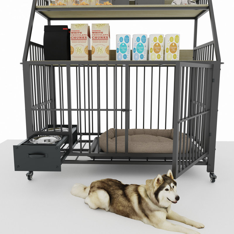 Grande cage pour animaux de compagnie avec support de rangement, tiroirs avec bacs à nourriture et à eau en acier inoxydable, support de rangement à double couche en cadre de fer et matériau en bois aggloméré, robuste, exquis et pratique