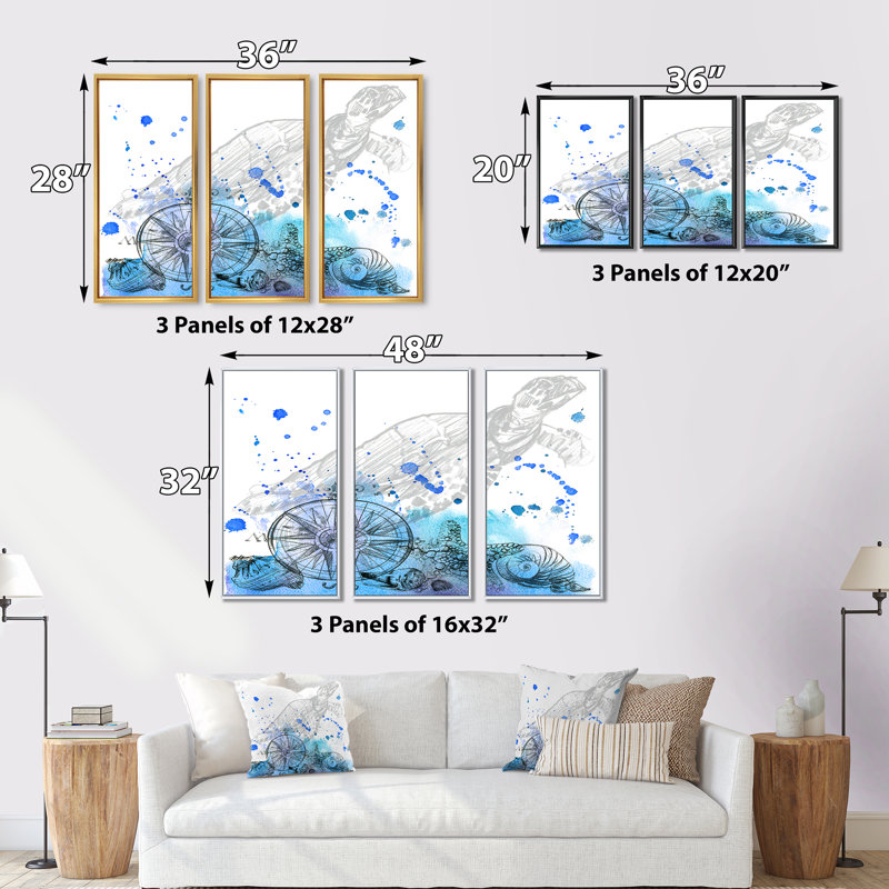 Créatures marines - Ensemble de 3 reproductions d'art encadrées sur toile, H 28 po x l 36 po x P 1 po, Cadre flottant noir