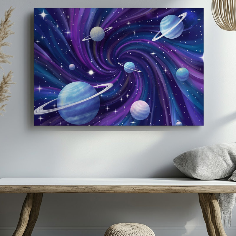Toile dans une vaste étendue cosmique, un trou noir tourbillonnant domine l'art mural, la scène, son bord circulaire clairement défini et illuminé par la toile