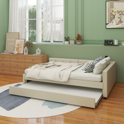 Lit plateforme double tapissier avec USB et lit gigogne simple, beige