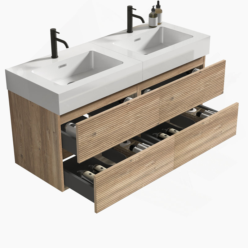 Meuble-lavabo Grace de 48 po avec lavabo en quartz d'ingénierie et tiroirs noirs doux, meuble-lavabo mural flottant pour salle de bain moderne, lavabo une pièce blanc brillant, KD