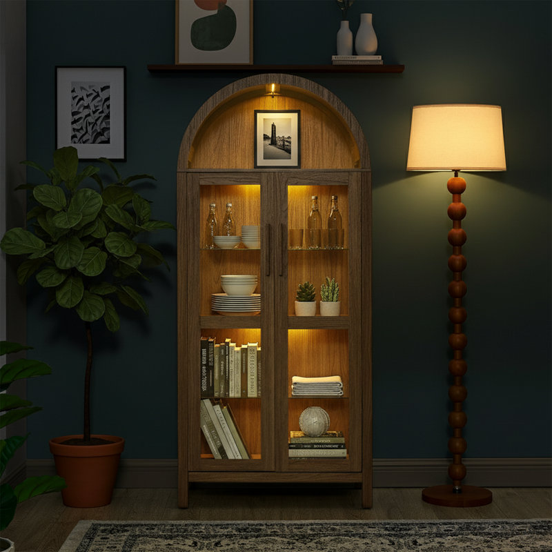    Vitrine arquée 67 po avec éclairage DEL et portes en verre trempé - brun mat, Brun